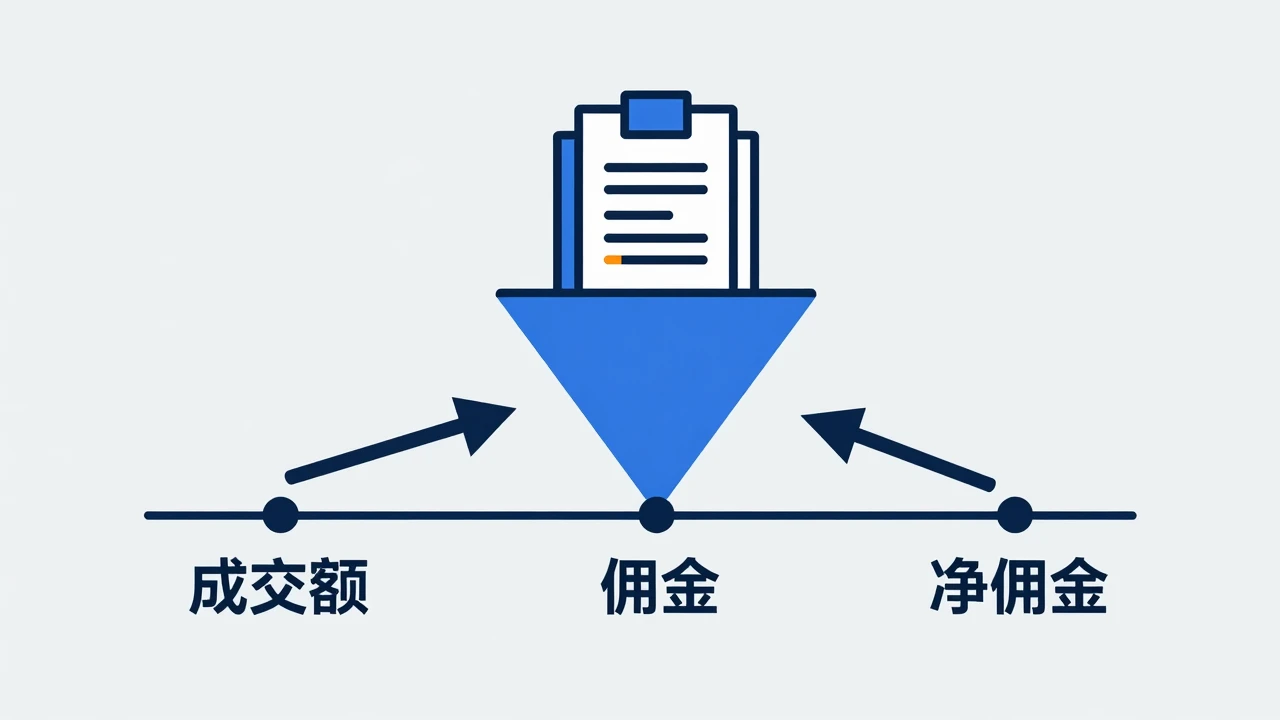 佣金到净佣金的漏斗示意图,退单环节导致部分订单流失