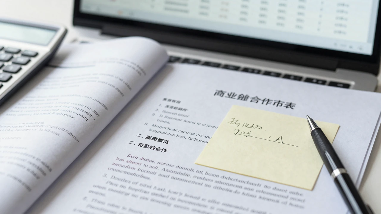 桌面上摊开的合同与标注重点条款的便签