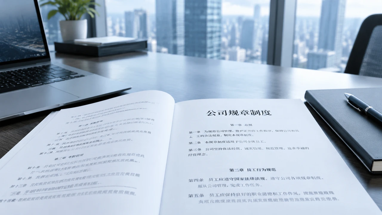 办公桌上摊开的规章文件与笔记本电脑