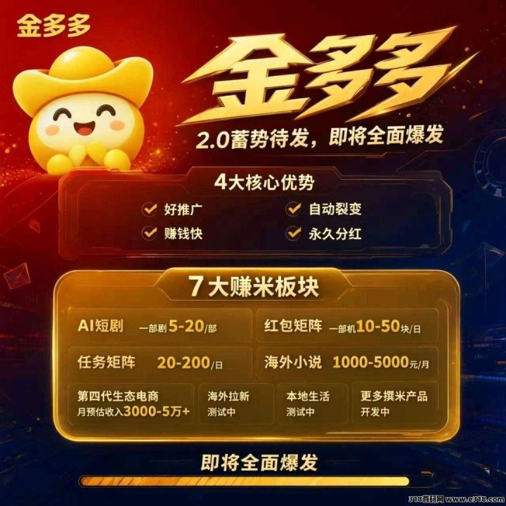 金多多2.0零撸，2026年必火之一项目，即将上线！抓紧上车布道-九八首码网-首码项目发布-网赚副业零撸项目平台